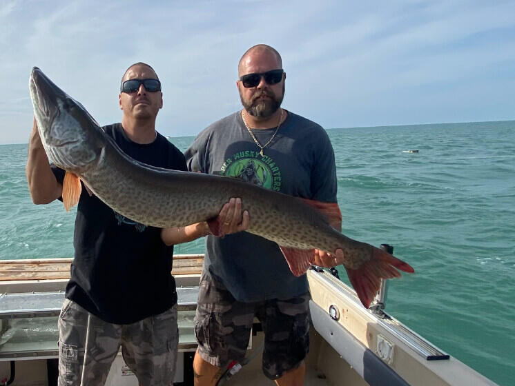 Guides with 2 Muskies Two giant muskies caught on Lake St. Clair with Reaper Musky Charters
